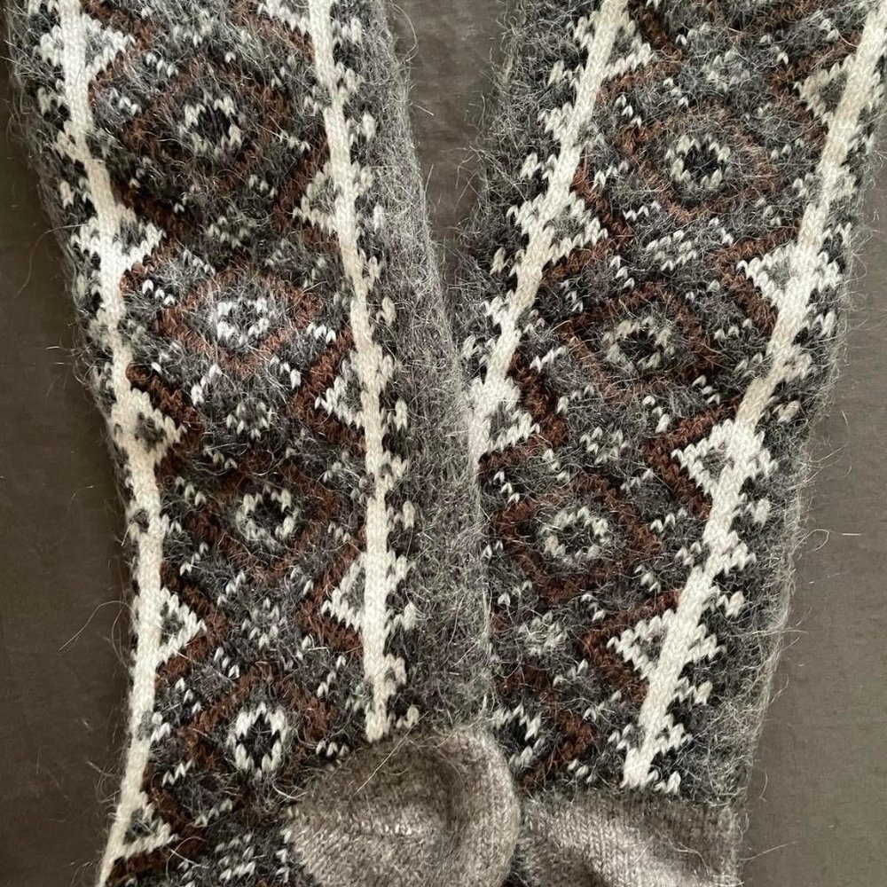 New Knee Socks Hand Knit Real Soft Wool Winter Tribal Brown Gray White - Picture 3 of 3